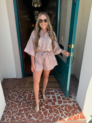 Embroidered Button Down Collared Romper