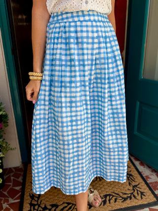 Blue Gingham Midi Skirt