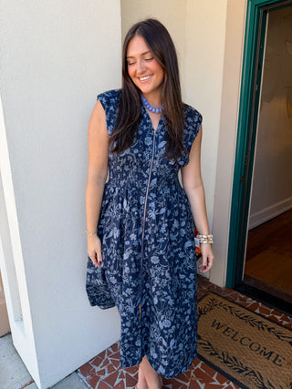 Navy Floral Smocked Waist Zipper Midi Dress