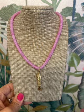 Lilac Beaded with Gold  Fish Necklace