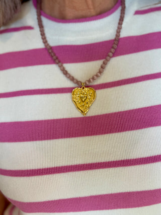 Purple Beaded Necklace With Heart Textured Pendant
