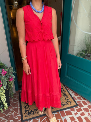 Red Eyelet Scalloped Edge Maxi Skirt