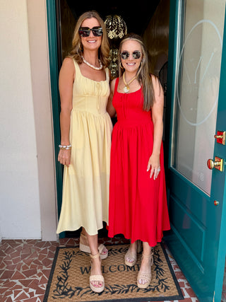 Square Neck Front Tie Corset Detail Midi Dress