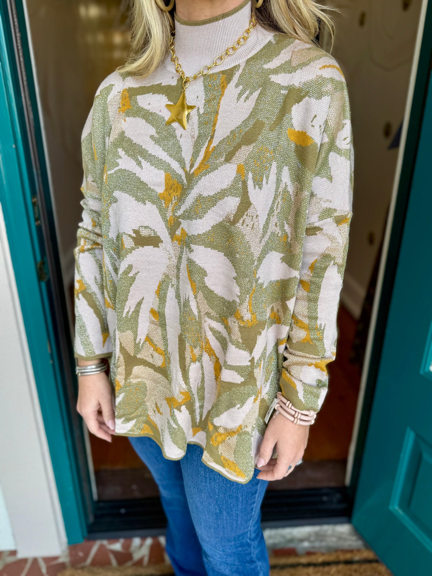 Sand and Green Mock Neck Sweater