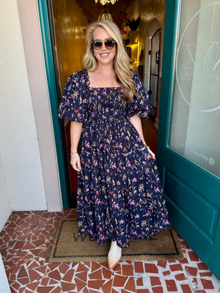 Navy Floral Smocked Maxi Dress
