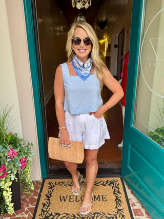 Blue Square Neck Linen Top