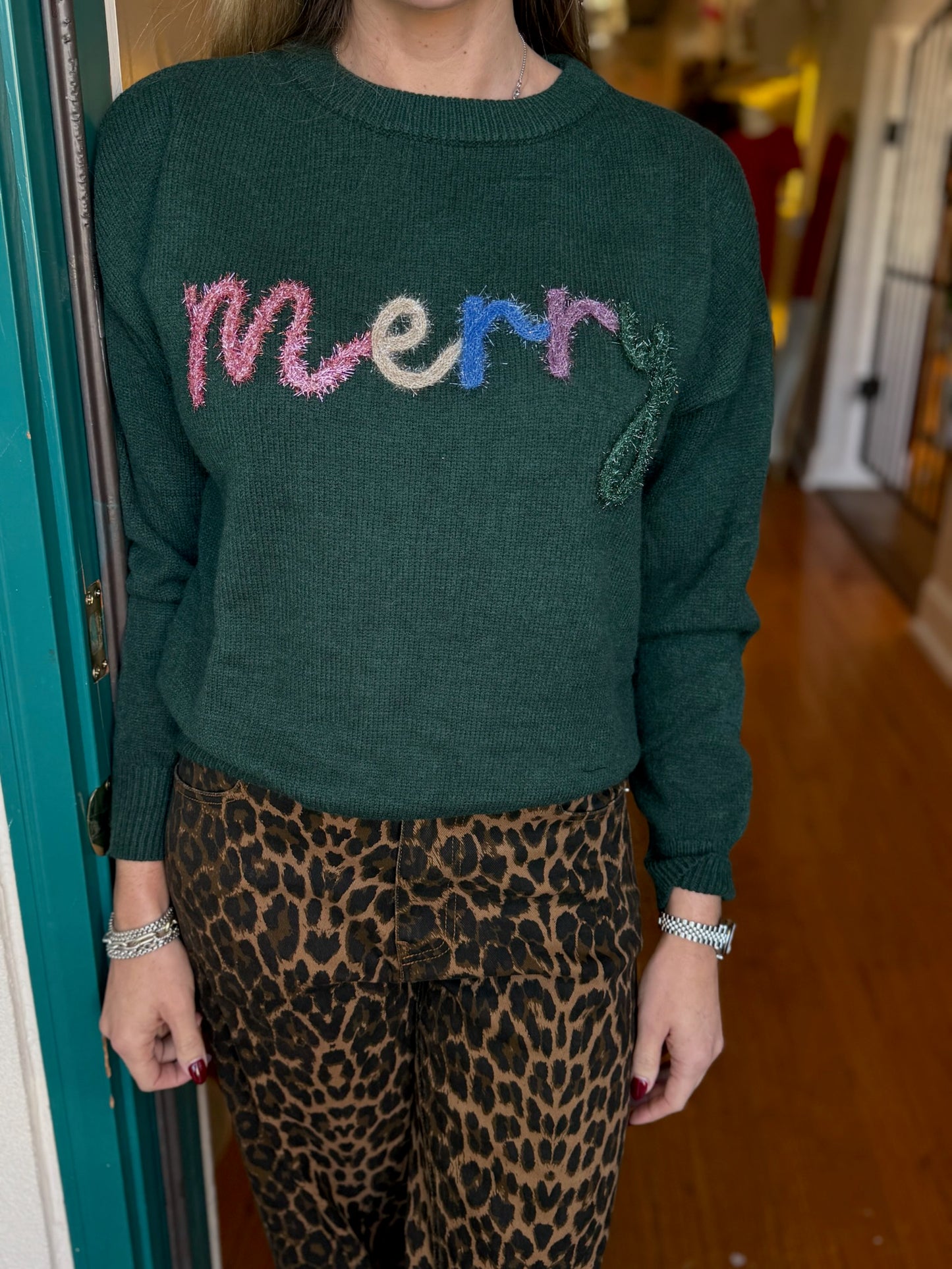 Merry Tinsel Graphic Crew Neck Pullover Sweater
