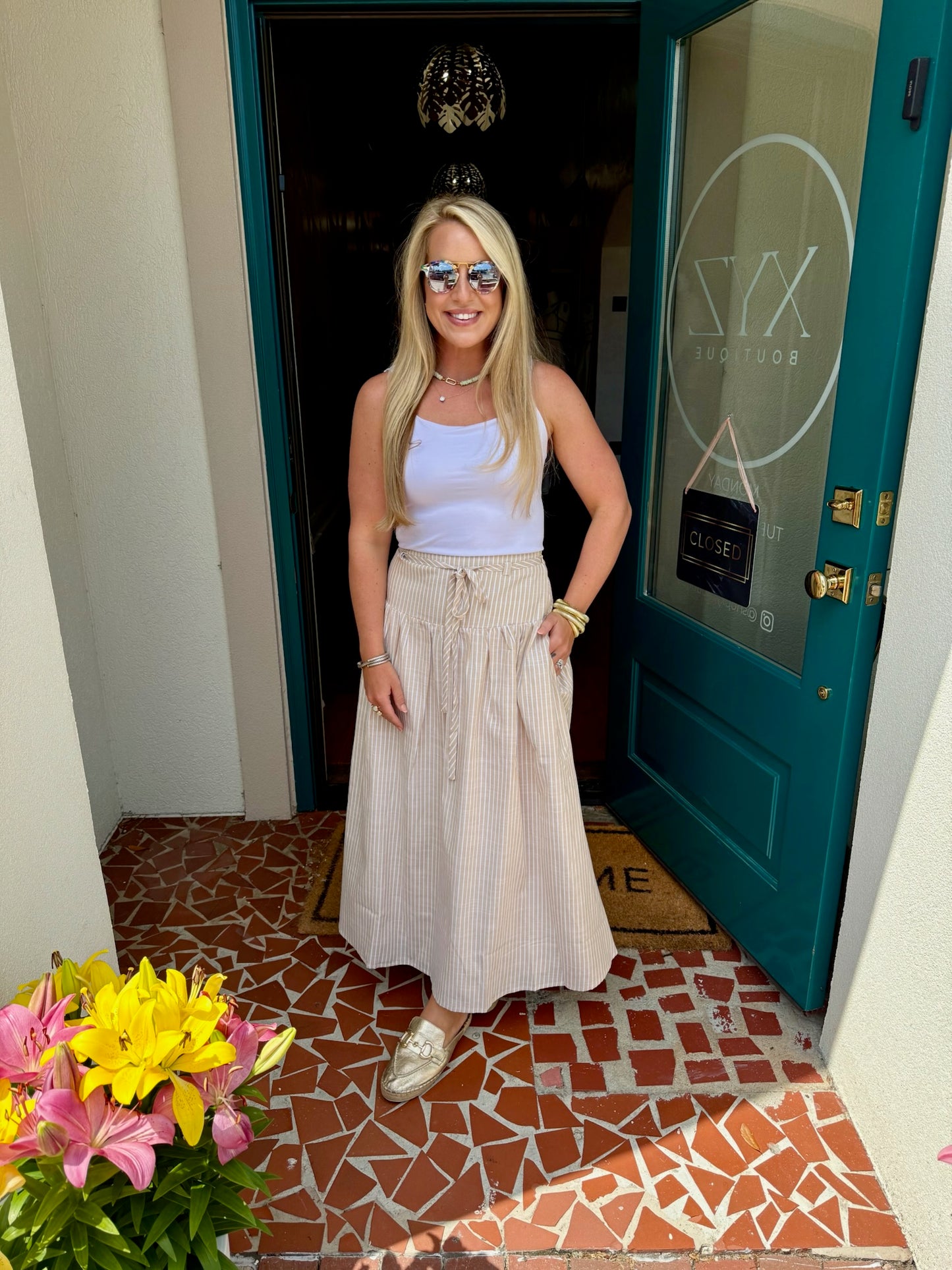 Stripe Ribbon Bow Waist Tie Detail Skirt