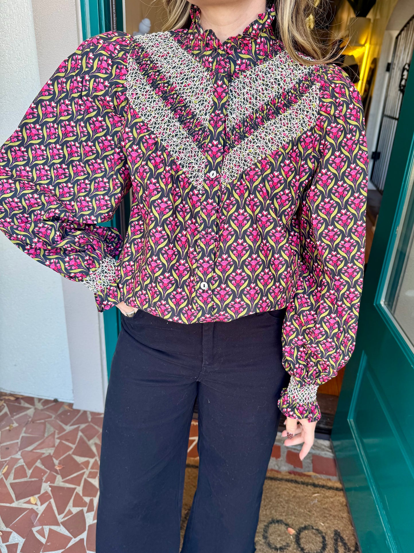 Black Floral Smocked Yoke Top