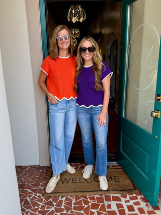 Drop Shoulder Short Sleeve Scallop Hem Sweater