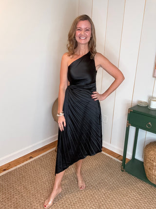 One Shoulder Pleated Asymmetrical Satin Dress