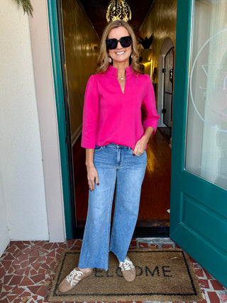 Standing Collared Puff Shoulder Solid Top