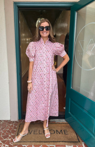 Pink Floral Print High Ruffled Neck Button Down Dress