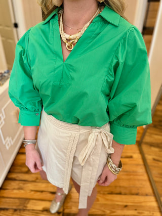 Poplin Quarter Sleeve V Neck Top-Saturday Steal