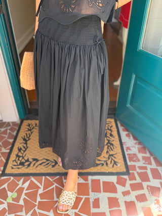 Black Nautical Eyelet Midi Skirt