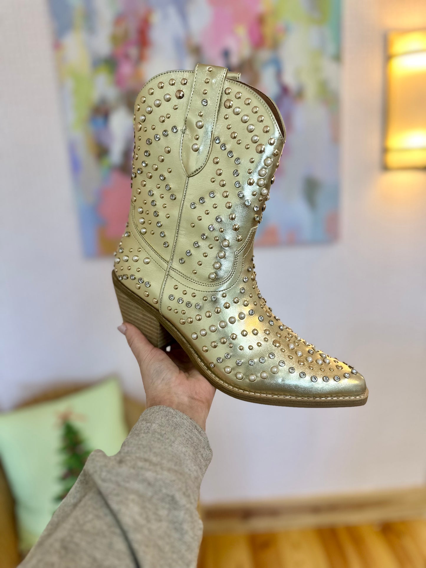 Adela Gold Studded Cowboy Boot