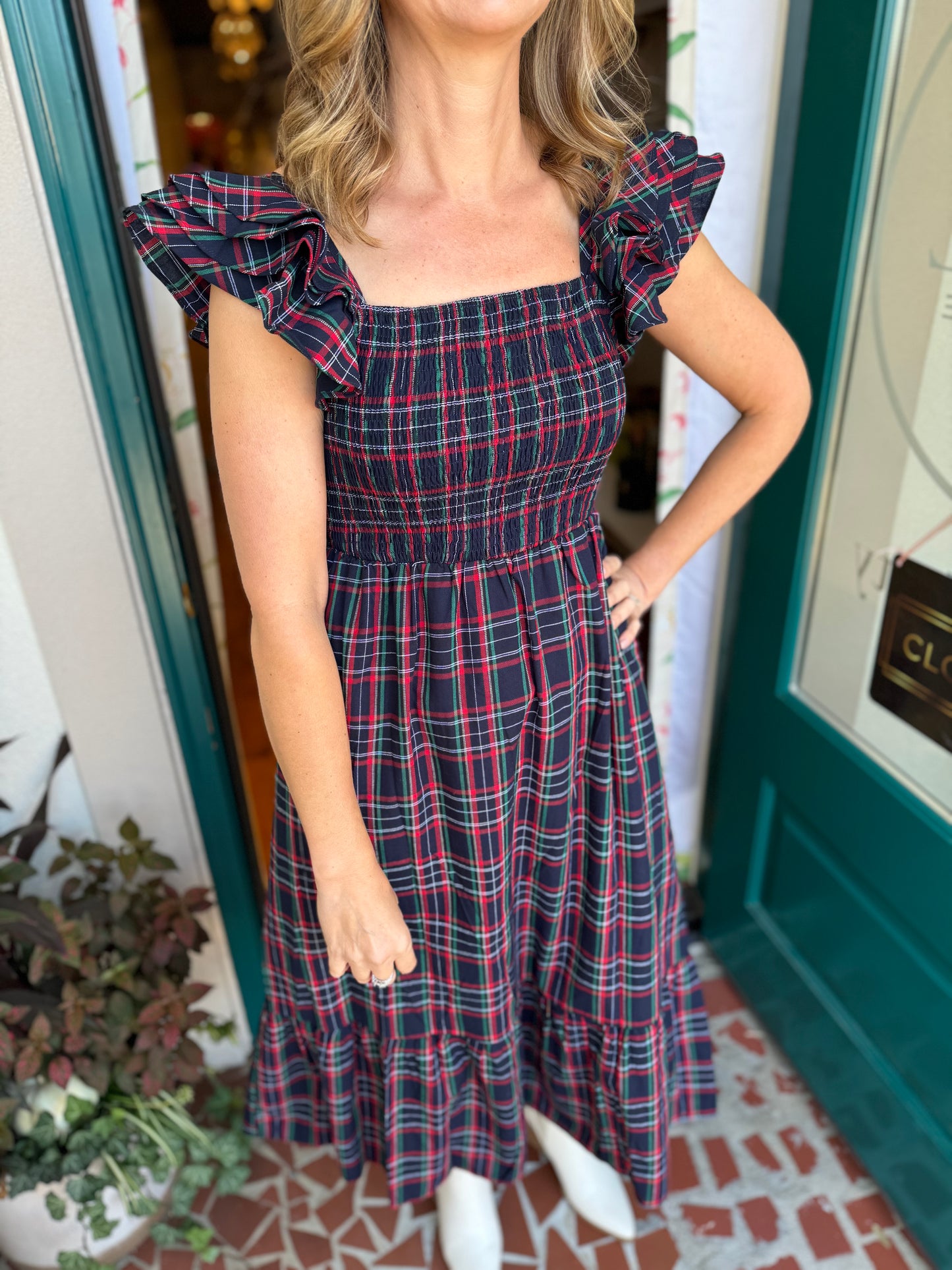 Chapman Plaid Girona Smocked Ruffle Midi Dress