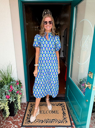 Botanical Print Puff Sleeve Midi Dress