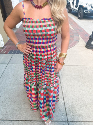 Smocked Bodice Plaid Tiered Maxi Dress
