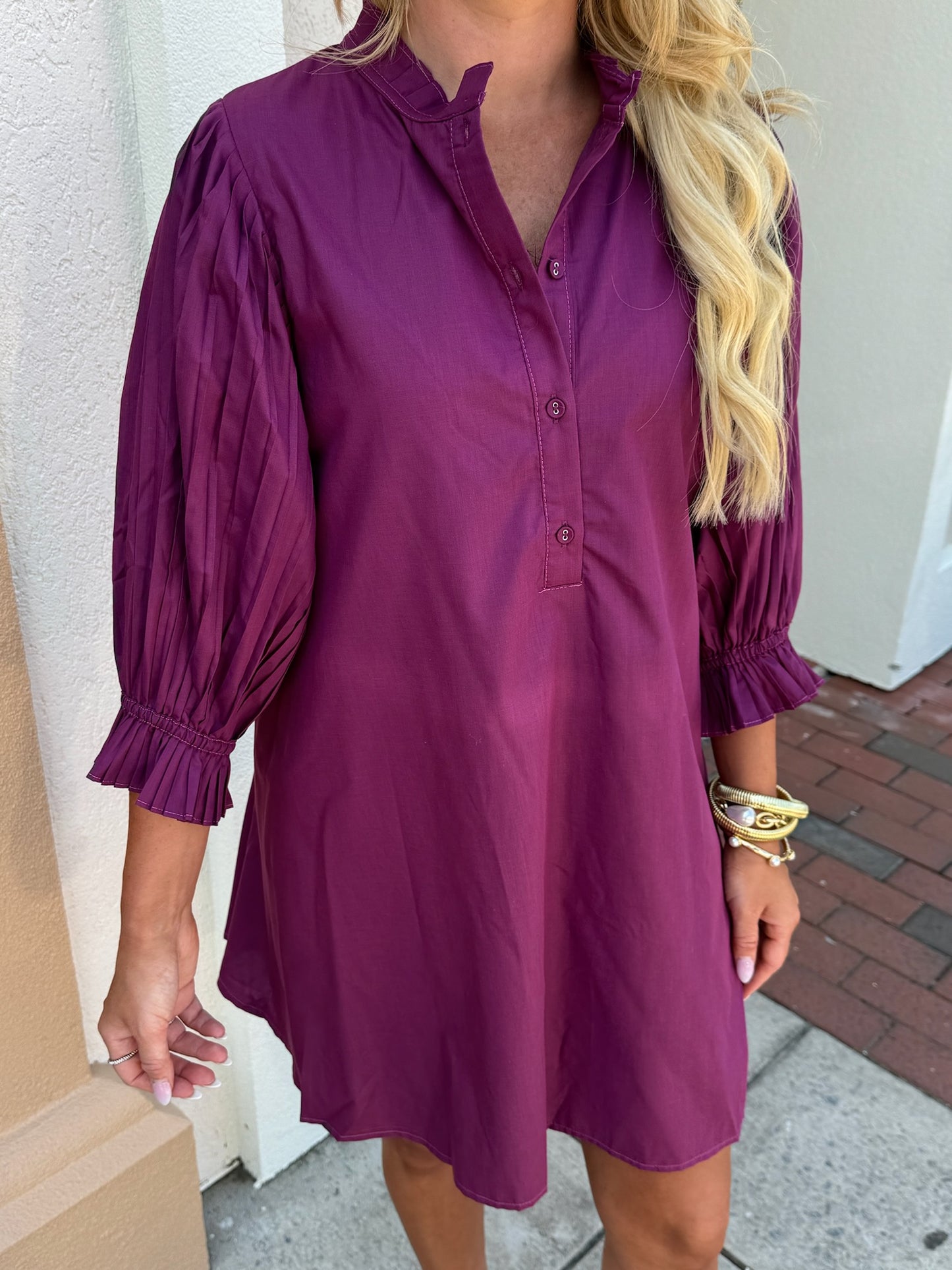 Plum Half Sleeve Button Detail Dress