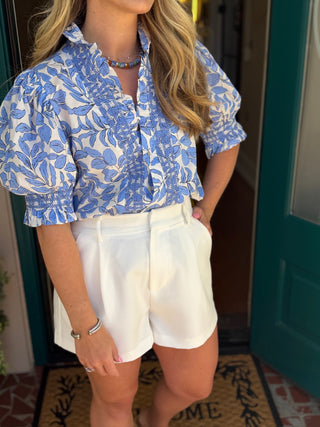 Blue Ruffle V-neck Smocked Puff Sleeve Blouse