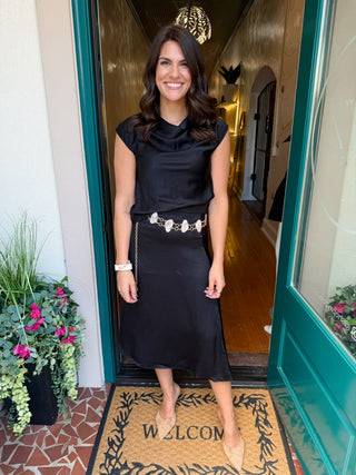 Satin Cowl Neck Top And Skirt Set