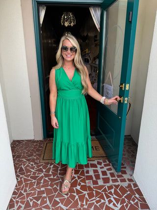 Green Elegant Sleeveless Wrap Midi Dress