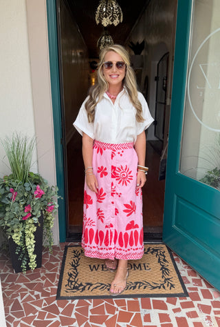 Printed Button Down Midi Skirt