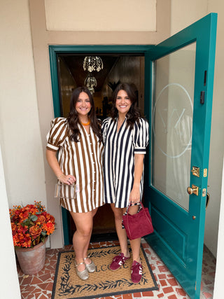 Ruffle Neck Puff Sleeve Stripe Dress
