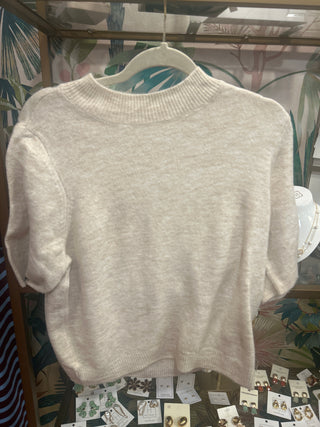 Oatmeal Crewneck Short Sleeve Pullover Sweater