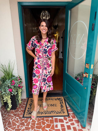 Floral Waist Tie Belt Midi Dress