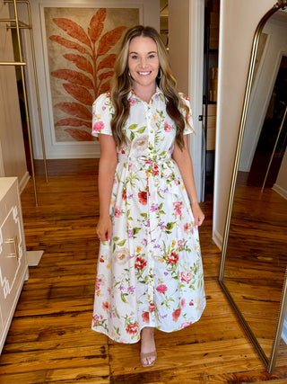 Ivory Floral Short Sleeve Belted Midi Shirt Dress