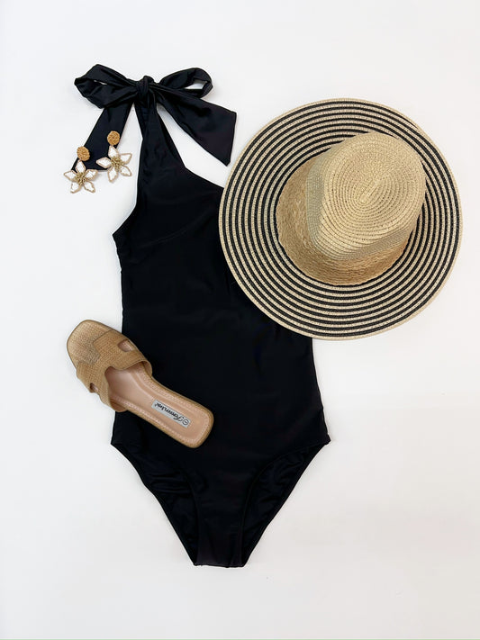 Black One Shoulder Bow Bathing Suit