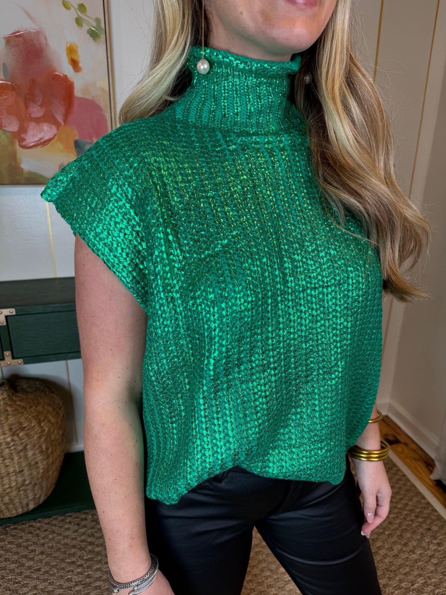 Metallic Green Cap Sleeve Sweater