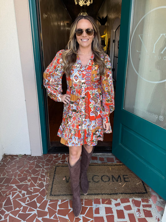 Patchwork Print Ruffled V-neckline Dress