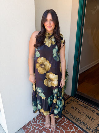 Floral Ruffle Neck Tie Midi Dress