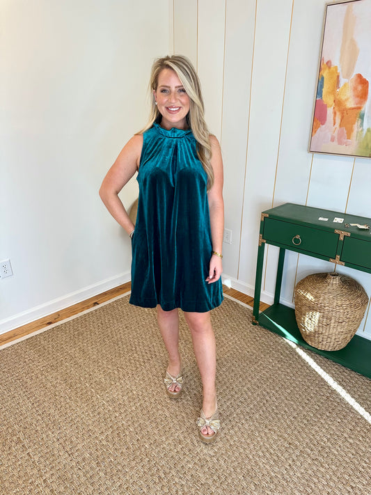 Green Velvet Tie Neck Dress