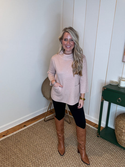 Glitter Yarn Front Pocket Mock Neck Sweater