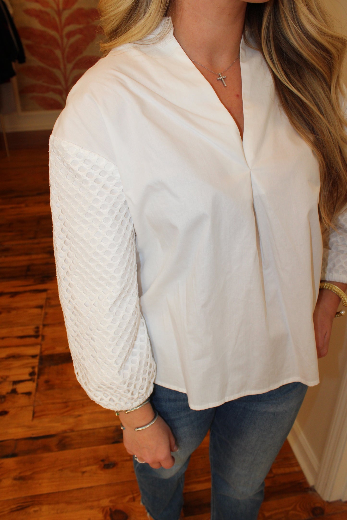 Poplin V Neck Sleeve Detail Top