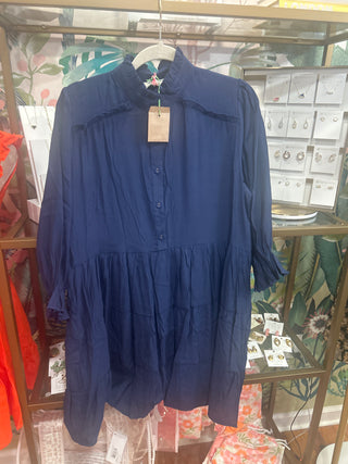 Navy Tiered Puff Sleeve Dress