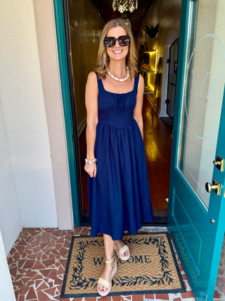 Square Neck Front Tie Corset Detail Midi Dress