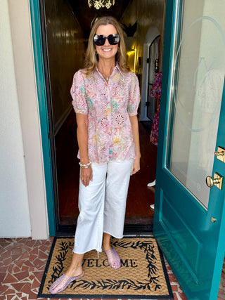 Multi-Colored Eyelet Button Down Top