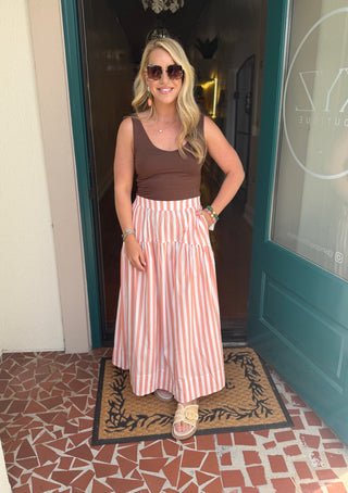 Coral Stripe Midi Skirt