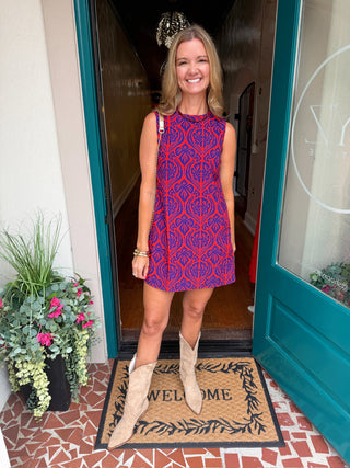 Damask Print Shift Dress