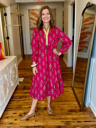 Magenta Contrast Accent Floral Midi Dress