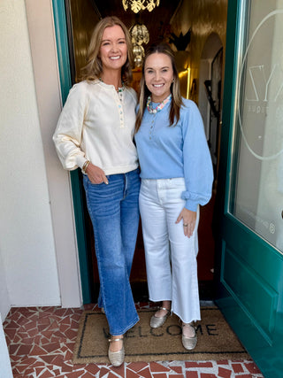 Puff Sleeve Henley Shell Button Sweater