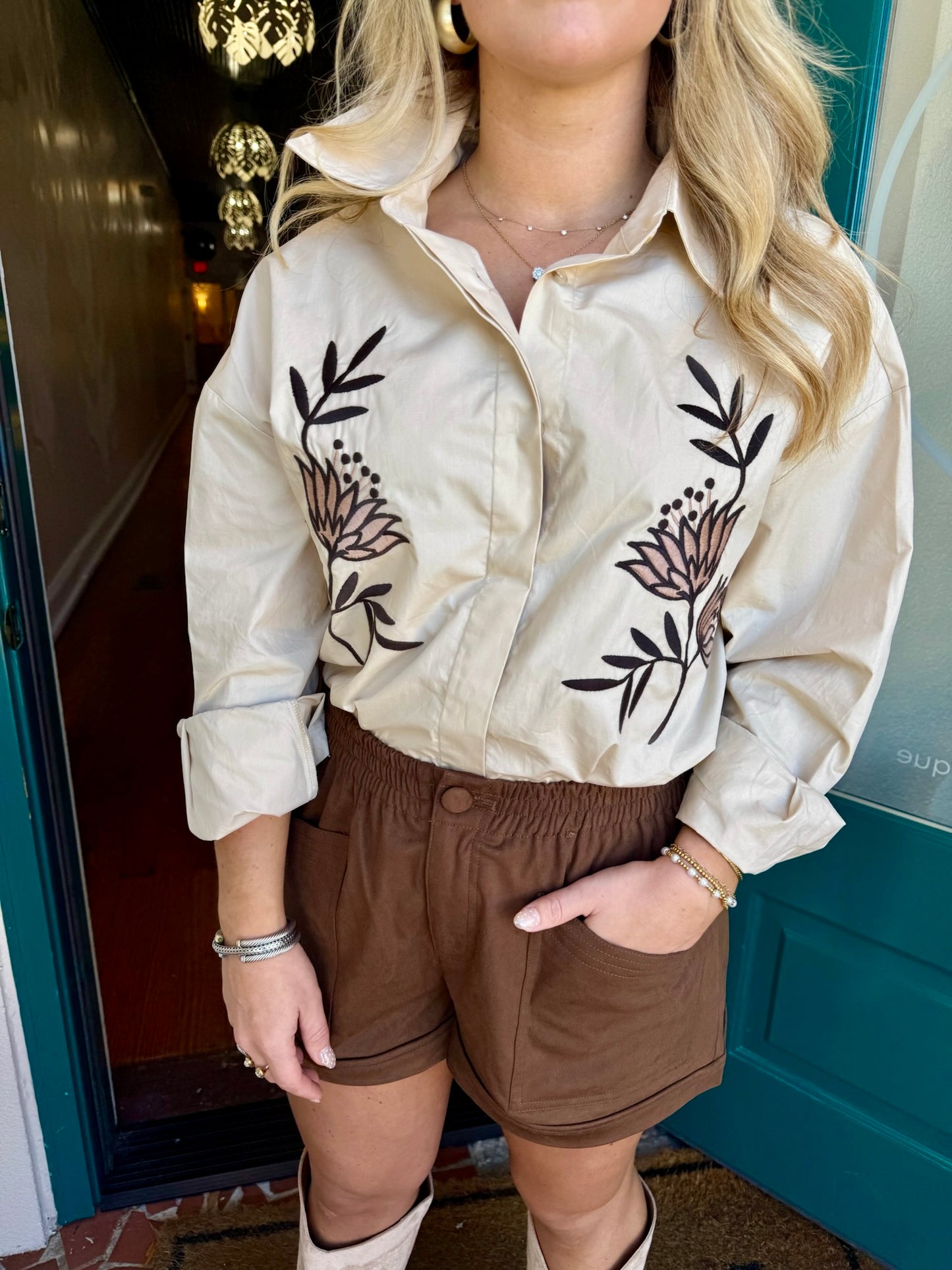 Embroidered Button Down Skirt Set