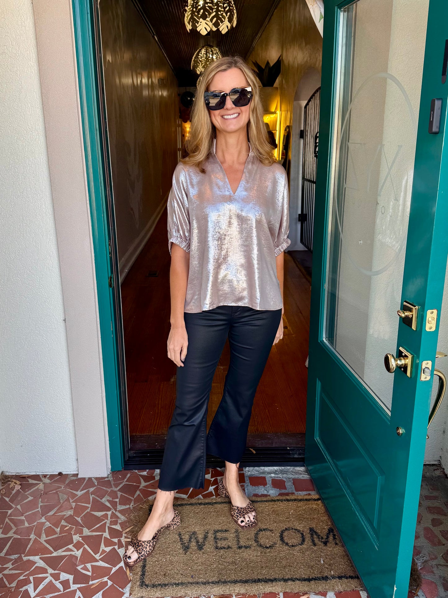 Metallic Oversized V-Neck Blouse