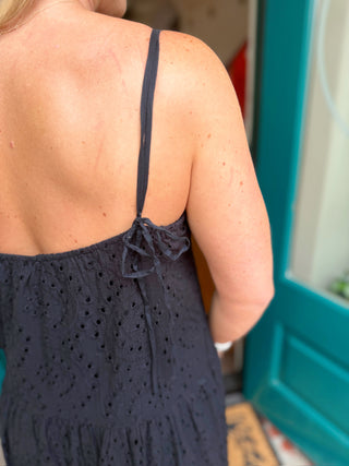 Eyelet Tiered Spaghetti Strap Maxi Dress