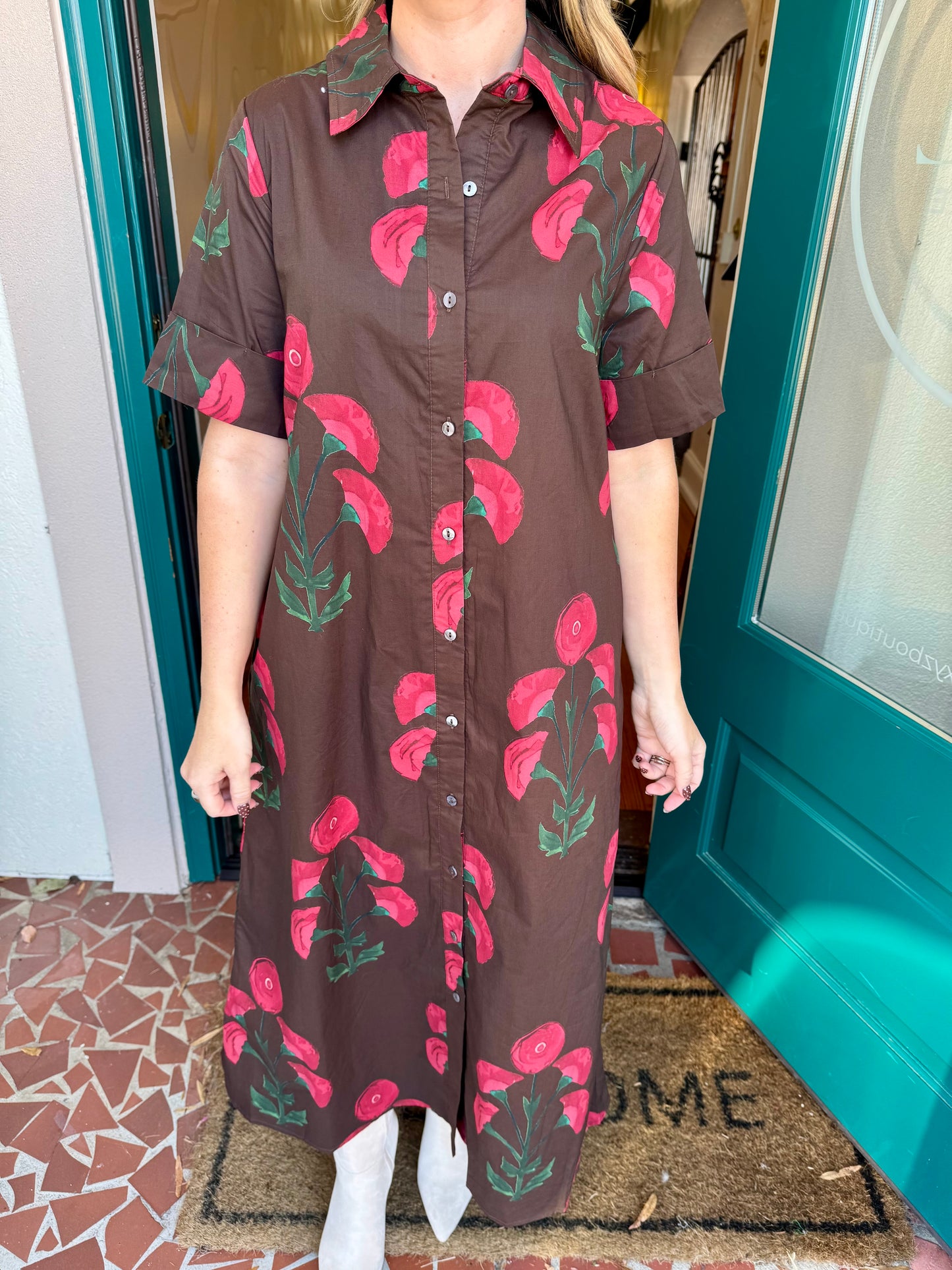 Brown and Pink Floral Midi Dress